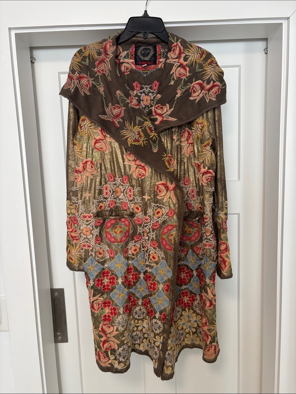 Johnny Was Metallic Olive Green Multicolor Embroidered Coat